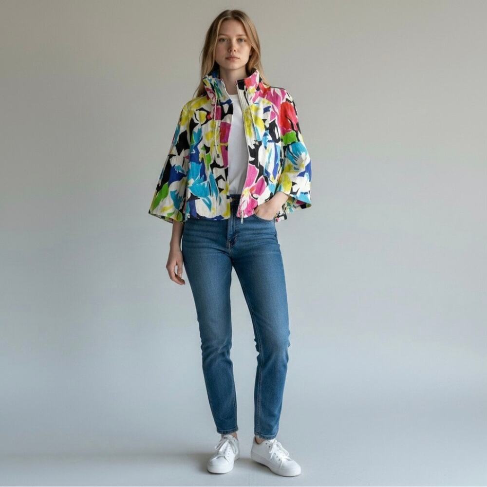 Cache Women Jacket Swing Crop Multicolor Floral Cotton Zip Up Bell Sleeve large